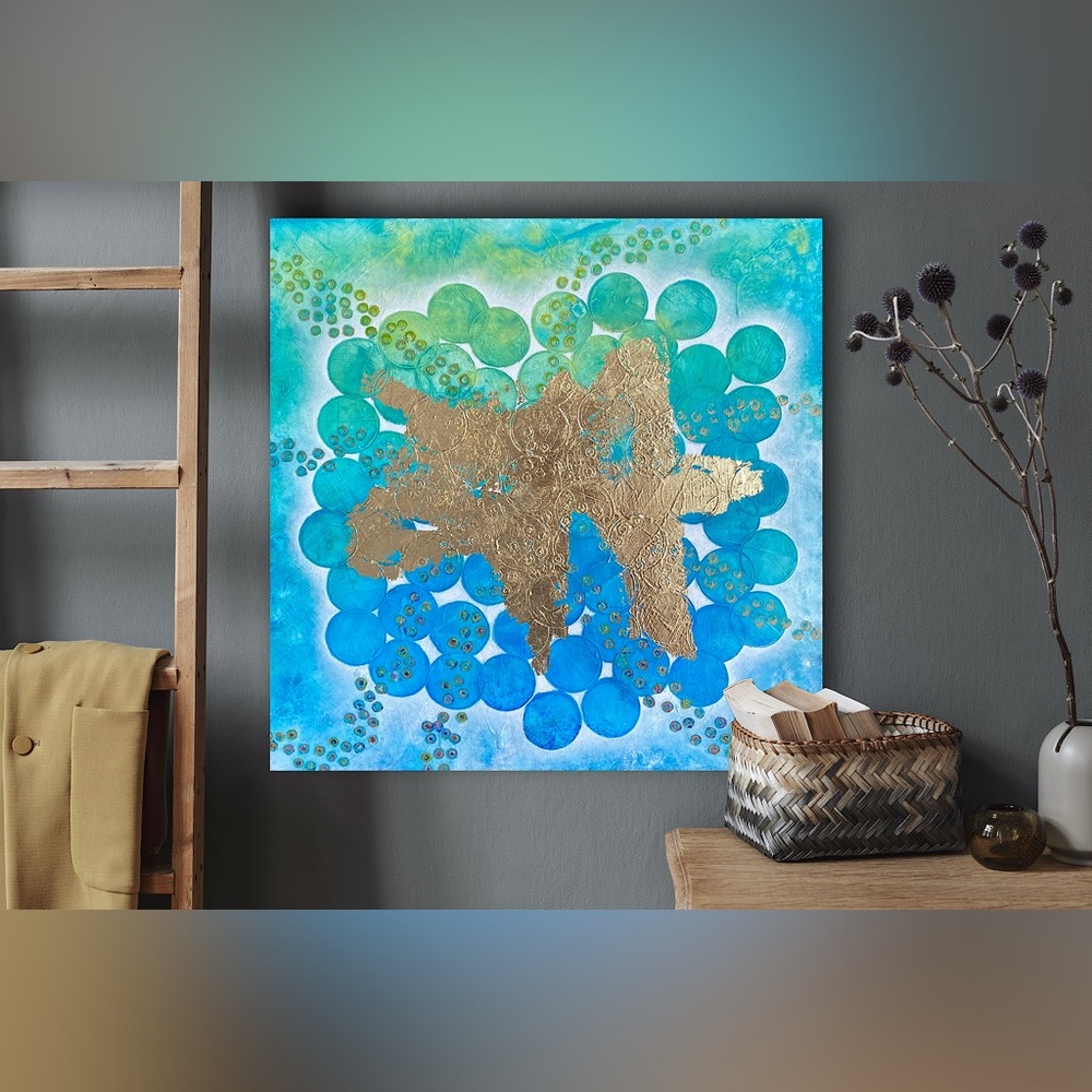 Sale by artist 24x24 Original Abstract Canvas Art Blue and Green Octopus Bubbles